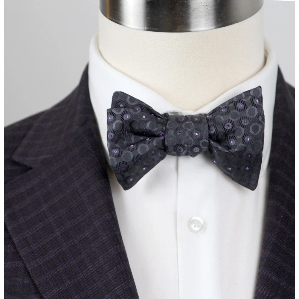 Men's Self-tied Bow‎ Tie 100%Silk Grey Purple Ornament S732BC
